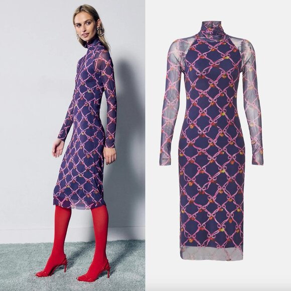 Rachel Antonoff Dresses & Skirts - Rachel Antonoff x RTR Lilith Midi Dress in Navy Blue & Pink Long Sleeve Mesh M